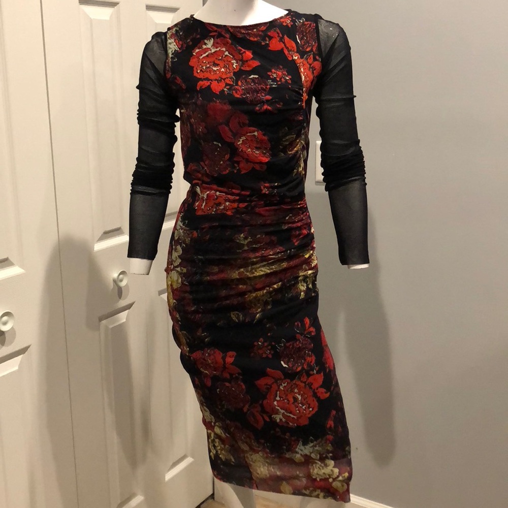 Floral Sheer-Sleeve Bodycon Dress in Black and Red